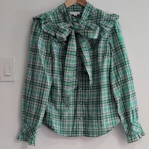 Charter Club Teal and Brown PlaiWestern ruffle W Bow Button Down Top Size S